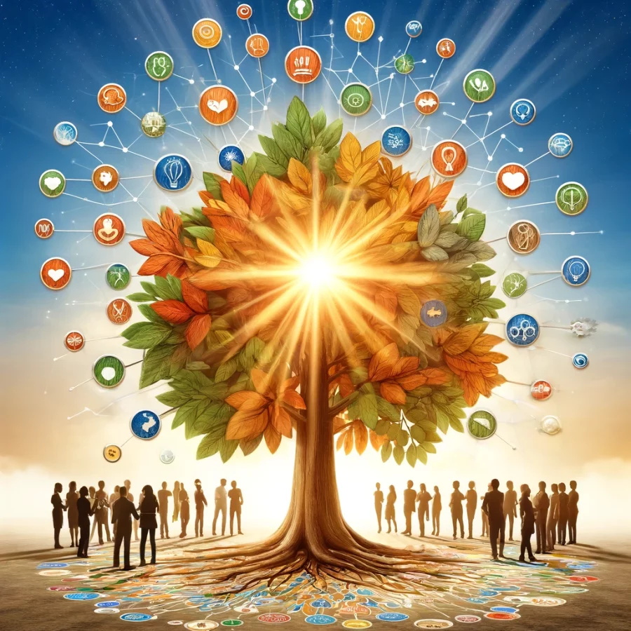 DALL·E 2024 04 10 16.38.20 A Creative And Inspiring Image That Visually Represents The Mission And Values Of An Organization. The Central Focus Is A Large, Flourishing Tree With